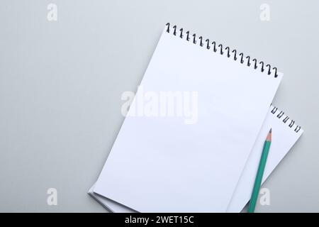 Notebooks and pencil on light grey background, top view. Space for text Stock Photo