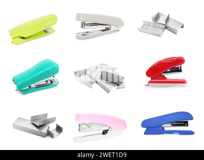 Different colorful staplers and fasteners isolated on white, collection Stock Photo