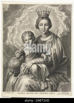 Maria with crown and globe and child with scepter, Schelte Adamsz. Bolswert, after Peter Paul Rubens, 1596 - 1659 print Maria with crown and globe as queen of heaven and child with scepter  paper engraving Mary sitting or enthroned, the Christ-child in front of her in her lap (or in front of her bosom). 'Regina Coeli', 'Regina Angelorum', 'MaestÃ '  Madonna Stock Photo