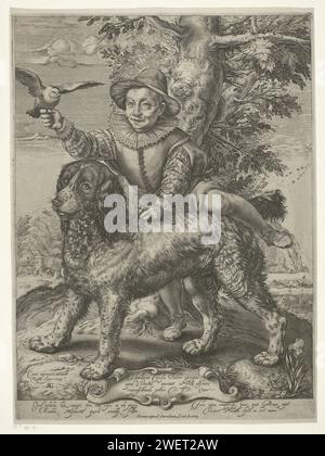 Portret Van Frederik de Vries, Raffaello Guidi, After Hendrick Goltzius, 1599 print Frederik de Vries (Gest. 1613) was entrusted by his father, the painter Dirck de Vries, to the care of Goltzius. Goltzius made a portrait of the boy together with a dog, and sent it to Frederik's father, who stayed in Venice. The hunting dog, often signed by Goltzius, was his own pet.  paper engraving dog. Fidelity; 'FedeltÃ ' (Ripa) (+ allegorical scene, i.e. two or more personifications involved in an action). historical persons Stock Photo
