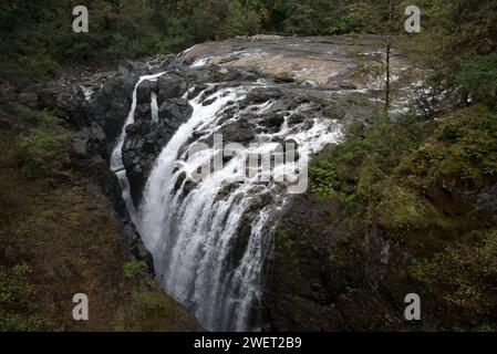 Englishman River upper falls thundering into its deep canyon in the central part of Vancouver Island in Canada. Stock Photo