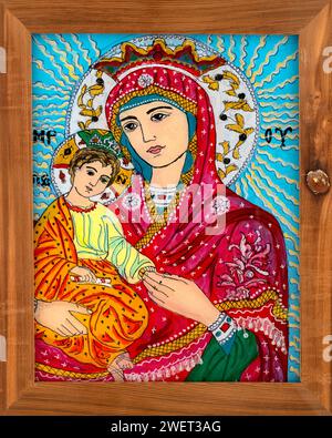 Antique Religious Reverse Painted Glass Picture Our Virgin Mother 2024 Mary with Child