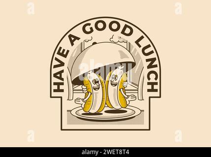 Have a good lunch. Mascot character illustration of two hot dog on the plate with happy face Stock Vector