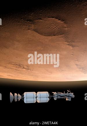 Fusion drive spaceship arriving in Mars orbit, illustration Stock Photo
