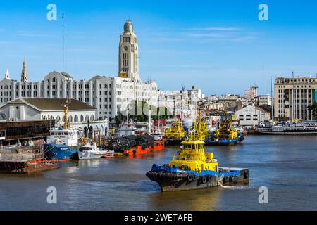 The Custom Building overlooking ships at busy port of Montevideo, Uruguay. Stock Photo
