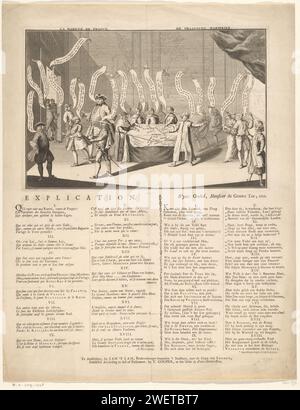 Prague Rarekiek, Anonymous, 1742 print De Praagse Rarekiek, 1742. Cartoon on the French where Cardinal Fleury in Prague divides the land of Austria, Bohemia and Silesia between the Allies while Archduchess Maria Theresia has to watch. The figures in the show have speech bubbles. Allegory on the Austrian Succession War. On the magazine under the plate an explanation of the figures I-XVIII in French and Dutch.  paper engraving / etching / letterpress printing political caricatures and satires Prague Stock Photo