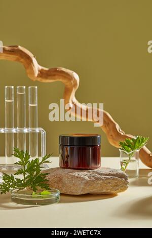 Front view of mug-wort decorated on beaker and petri dish, brown cream jar empty label on stone, dry twig on background. Scene advertising for product Stock Photo