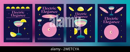 Y2k retro style poster template with cocktail in glass, vinyl records and lemon slices in bright pink color. 2000s aesthetic banner layout with drink Stock Vector