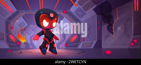 Evil robot in space ship with fire and flame. Vector cartoon illustration of astronaut character with angry face, red bugs on cracked walls, malware d Stock Vector