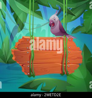 Jungle background with wooden sign board hanging on green liana vines with empty space for text and parrot on it. Cartoon vector rain forest scenery w Stock Vector