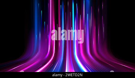 Neon light speed effect. Vector realistic illustration of blue, pink, white lines moving upward on black background, modern data transmission technolo Stock Vector