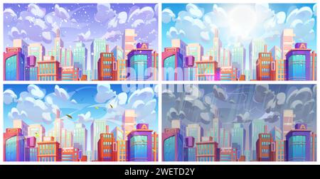 Cartoon city downtown landscape with modern skyscraper buildings in four different weather seasons - sunny day, winter snowfall, thunder storm with ra Stock Vector