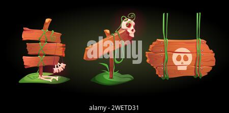 Wooden sign board with jungle liana vines, bones and skull on green grass or moss islands. Cartoon set of danger rain forest wood frames and banners f Stock Vector