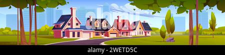 Suburban town street against big city background. Vector cartoon illustration of cozy houses along rural alley under blue sky, green lawn and bushes, Stock Vector