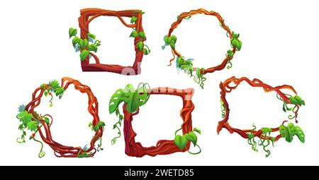 Jungle liana creeping vines with leaves and flowers formed in rectangle and circle frames for game ui design. Cartoon vector set of borders made of ra Stock Vector