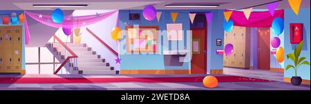 School hallway during holiday or graduation event decorated with party flags, balloons and drapery. Cartoon vector illustration of prom party celebrat Stock Vector