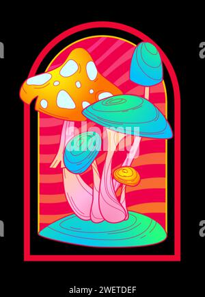 Bright sticker with trippy mushroom on grass over red stripped groovy background. Cartoon vector landscape with neon fantasy psychedelic fungi. Funky Stock Vector