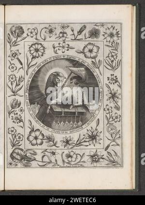 Lamb of God on the book with the seven stamps, 1601 - 1627 print The Lamb of God, symbol for Christ, lies on the book with the seven stamps (on. 5) and holds a cross -banner. In the background a face on the heavenly Jerusalem. The performance is caught in a medallion with a border script in Latin. Around a frame with flowers. Print is part of an album.  paper engraving the book with the seven seals enthroned  Revelation of John. lamb bearing cross or banner, 'Agnus Dei'  symbol of Christ Stock Photo