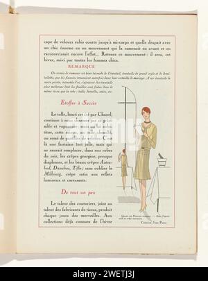Art - Taste - Beauty, female elegance sheets, November 1928, No. 99, 9th year, p. 11, Anonymous, 1928  Text with an image of a woman dressed in an afternoon gown of 'Crêpe Marocain', by Jean Patou. Page from the fashion magazine Art-Goût-Beauté (1920-1933).  paper. paint (coating) brush fashion plates. dress, gown: day dress (+ women's clothes). necklace (+ women's clothes) Stock Photo