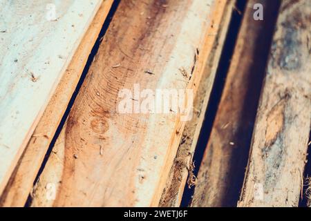 Large stack of wood planks, teak wood Stock Photo