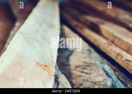 Large stack of wood planks, teak wood Stock Photo