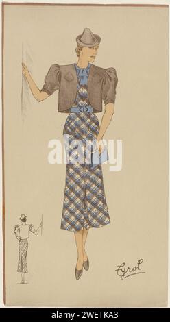 Woman in a Scottish checkered dress with bolero, ca. 1930, c. 1930  Standing woman dressed in a Scottish checker in brown and blue with side pockets and in the middle of a small split. Brown Bolero with short puffed sleeves and rounded front buildings. On the head a small hat with pointed ball. Light blue scarf, belt and handbag (clutch). Brown shoes. At the bottom left a line drawing of the back of the ensemble.  paper  fashion plates. head-gear: hat (+ women's clothes). clothing for the upper part of the body (BOLERO) (+ women's clothes). belt, girdle, waistband (+ women's clothes). bag (CLU Stock Photo