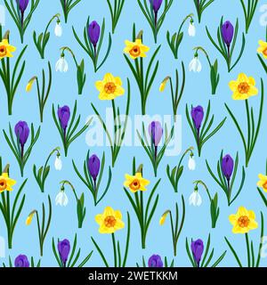 Seamless floral pattern with spring flowers on a blue background. Stock Vector