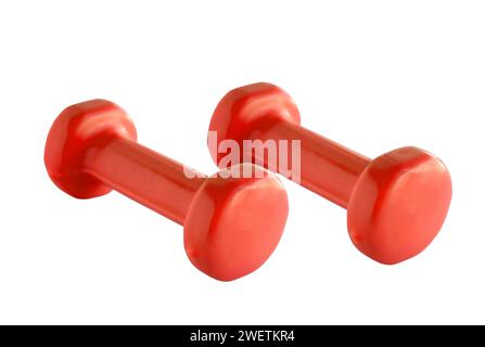 Two plastic coated dumbells isolated on white background Stock Photo
