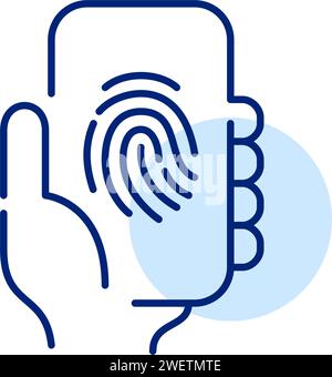 Fingerprint protected user profile. Smartphone in hand. Pixel perfect, editable stroke Stock Vector