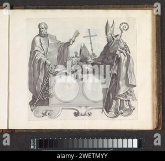 Blanco medallion flanked by a senator and a bishop, Robert van Audenaerd, 1673 - 1743 print Pedest in the form of a cartouche. A medallion with a blank front and back. The pedestal is flanked by a senator in gown and a bishop with miter and crooks. The senator points to a caduceus. There are a crown, miter and cardinal hat on the pedestal. The print is part of an album.  paper engraving medal (considered as a piece of sculpture, regardless of its specific function). caduceus (staff with two snakes, attribute of Mercury). archbishop, bishop, etc. (Roman Catholic). insignia of cardinal, e.g. hat Stock Photo