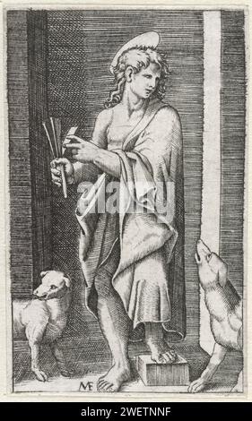 Holy Lazarus with Ratel and two dogs, Anonymous, After Marcantonio Raimondi, 1500 - 1575 print   paper engraving the brother of St. Martha and St. Mary Magdalene, Lazarus of Bethany, bishop of Marseilles; possible attributes: bishop's garment, book Stock Photo