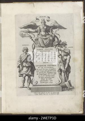 Title print with allegorical figures of drawing, fame and labor, Pieter ...