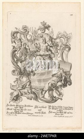 Croesus in Solon, 1715 - 1777 print In a rocaille ornament, Pluto sits with crown, tweetand and horn of abundance as God of wealth on a throne. A man with a mask on his head kneels in front of him. On the right, King Croesus sits with a crown and scepter chained to a box with coins. The back left, Solon looks at the whole disapproving. In the lower margin two columns with five -line German text. Print number 348.  paper etching (story of) Pluto (Hades), Dis Pater, Orcus. (story of) Croesus king of Lydia. Solon, the philosopher and lawgiver Stock Photo