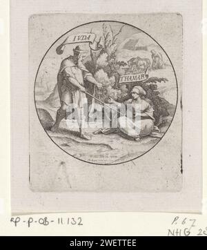 Judah a Tamar, Wenceslaus Hollar, After Hans Holbein (II), 1640 print On a road in a forest landscape, the veiled Tamar receives the seal and bracelets from her father -in -law Judah.  paper etching story of Judah and Tamar (Genesis 38) Stock Photo