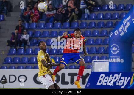 Pasto, Colombia. 26th Jan, 2024. Deportivo Pasto's Alvaro Melendez shoots for a headshot during the Deportivo Pasto (1) vs Deportes Tolima (4) match at 'La Libertad Stadium' in Pasto, Colombia, January 26, 2024. Photo by: Sebastian Maya/Long Visual Press Credit: Long Visual Press/Alamy Live News Stock Photo