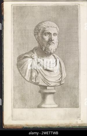 Bust of a bearded man in Toga, to the right, Hubert Quellinus, 1646 - 1670 print The print is part of an album with a series of prints to the sculptures in the collection of Gerard Reynst.  paper engraving piece of sculpture, reproduction of a piece of sculpture. male persons from classical history Stock Photo