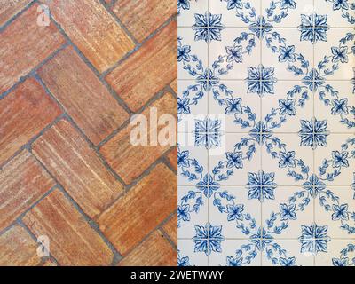 Traditional portuguese background texture. Typical decorative tiles azulejos and santa catarina terracotta foor rustic tiles Stock Photo