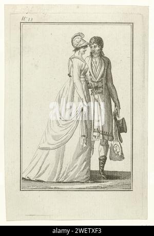 General painting of the taste, year 7, no. 13 (21 dec. 1798): love couple at the promenade, 1798  Amorous couple walking on the Promenade. The woman wears a dress with long sleeves and drag, trimmed with loop pattern. Accessories: hat with ferry, earring in the right ear, fan, scarf. The man is wearing a jacket with scarf and knee pants. His hat and the woman's reticule, with the initials L and G, in hand. Boots with pointed noses. The print is part of a series of 20 fashion prints, published by Gide, Paris, An VII, 1797- 1799.  paper etching fashion plates. head-gear: hat (+ women's clothes). Stock Photo