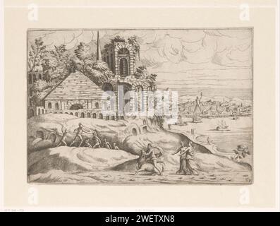 Landschap with antique ruins and colossus Van Rhodes, 1530 - 1583 print Landscape with a semi -round classic theater ruins that is closed by a building with a pyramidal roof in the background. On the right the bay of Rhodes extends, with the sculpture the kollosus at the port access. In the middle plan a scene with fighting soldiers and a man who takes a bull at the horns (possibly the robbery of Europe or Hercules and the Cretan bull), watched by two women.  paper etching piece of sculpture, reproduction of a piece of sculpture. landscape with ruins. harbour. Colossus of Rhodes (Wonder of the Stock Photo