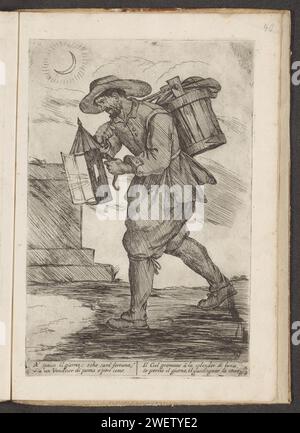 Seller of baked apples and pears in moonlight, 1660 print Man with a bucket on his back and a lantern in his hand, walking in a night landscape. At the top left a sickle -shaped moon. Italian fresh in the lower margin. The print is part of an album.  paper etching street-trader. fruits. lantern. 'cris de Paris', cries of London, etc. Stock Photo