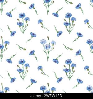 Seamless floral pattern with cornflowers isolated on a white background. Stock Vector