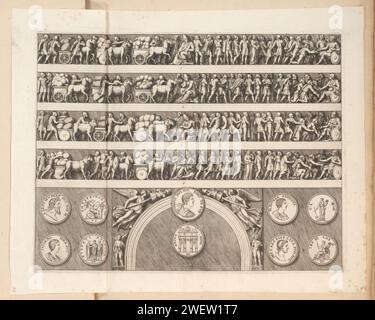 Reliefs on the arch of Septimius Severus in Rome, Pietro Sante Bartoli, 1676 print Four Frisians with reliefs on the arch of Septimius Severus and ten tokens below. In the middle of: E. Numbered at the top right: VI. Print is part of an album.  paper etching piece of sculpture, reproduction of a piece of sculpture. triumphal arch. horse. medal (considered as a piece of sculpture, regardless of its specific function) Boog van Constantine Stock Photo