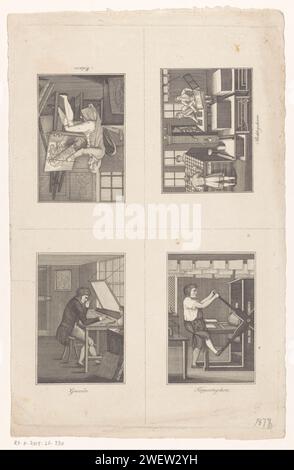 Four scenes with artists and printers, c. 1800 - c. 1900 print Four scenes leaf with titles in Swedish: a painter in his studio, the interior of a book printing company, a engraver behind his work table and a sheet printer.  paper engraving workshop, studio of the artist (in general). engraver, etcher. printing press. painter at work, in his studio Stock Photo