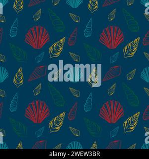 Seamless pattern with multi-colored shells on a blue background. Stock Vector