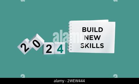 Text CREATE NEW SKILLS IN 2024 on a notepad and wooden cubes on a beautiful background. Finance and economics concept. Stock Photo