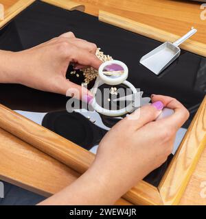 An agricultural laboratory employee examines grain through a magnifying glass, looking for defects or various types of diseases Stock Photo