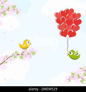 eps vector file with yellow and green colored birds in love, flying and sitting on branches with blossoms and green leaves in spring time, background Stock Vector