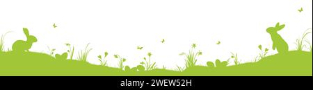 eps vector panorama illustration for easter time, happy fresh green background with silhouette of rabbits with eggs , grass, different flowers. Spring Stock Vector