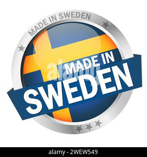 round button with banner, country flag and text MADE IN SWEDEN Stock Vector