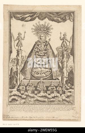 Image of Our Lady of the Holy Rosary of the Monastery of the Holy Dominicus (Santo Domingo), Cádiz, Anonymous, 1755-1757 print The Onze-Lieve-Vrouw of the Holy Rosary was honored as the patron saint of the Spanish Silver Fleet. She would also have offered protection to the city during the Tsunami of 1755. On either side of the statue of Maria, the images of Servandus and Germanus are on two columns, founded in 1705 at the Puerta del Mar in Cádiz. At the foot of the columns on the left a Dominican nun and on the right the Holy Dominicus. Behind the image a face on Cádiz. Below the image are fou Stock Photo